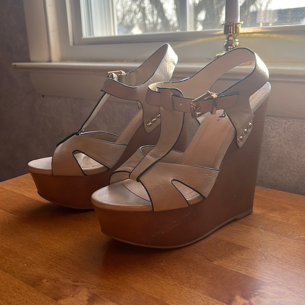 Tan/wood bottom leather strap wedge heels